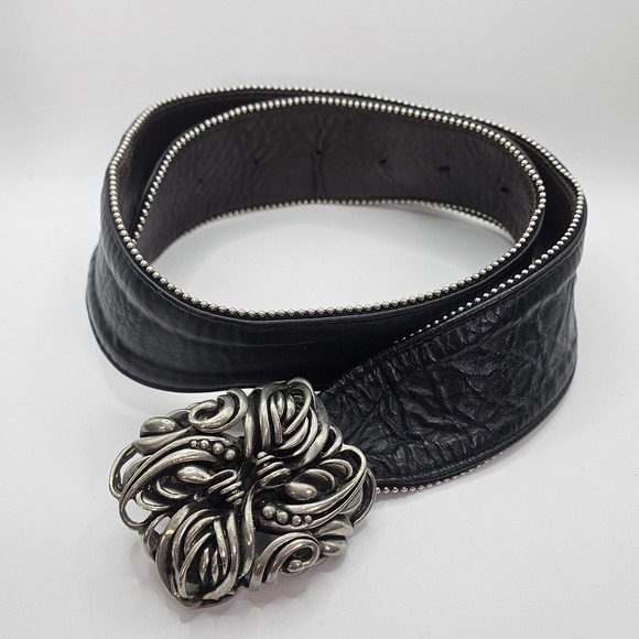 Vintage Fahrenheit NY Wide Black Leather Belt‎ Pewter Buckle 80s Wearable Art main image 5